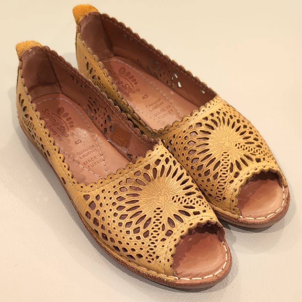 Spring Step Mustard Cut-Out Peep-Toe Loafers